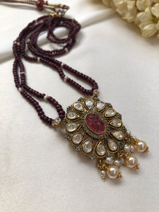 Mossanite pendant with pink carved stone and semi precious ruby mala-Silver Neckpiece-PL-House of Taamara