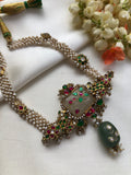 Moti patti necklace with agate & semi precious kundan stones-Silver Neckpiece-PL-House of Taamara
