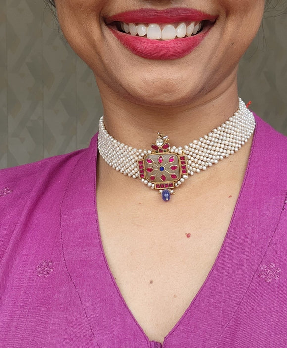 Moti patti necklace with agate & semi precious stones-Silver Neckpiece-PL-House of Taamara