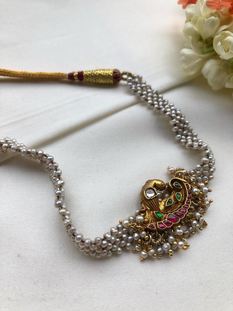 Moti patti necklace with kundan motifs-Silver Neckpiece-PL-House of Taamara