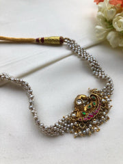Moti patti necklace with kundan motifs-Silver Neckpiece-PL-House of Taamara