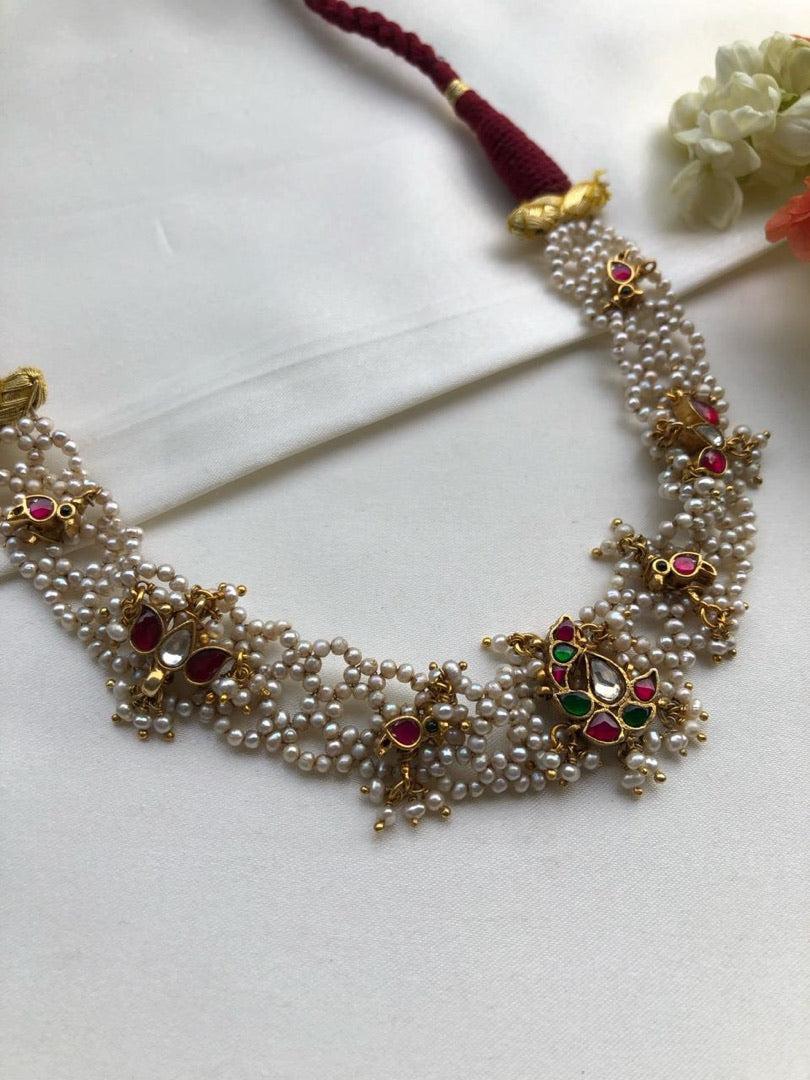 Moti patti necklace with kundan motifs-Silver Neckpiece-PL-House of Taamara