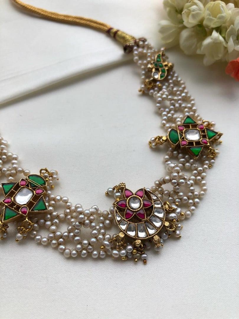 Moti patti necklace with kundan motifs-Silver Neckpiece-PL-House of Taamara