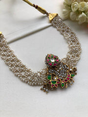 Moti patti necklace with kundan motifs-Silver Neckpiece-PL-House of Taamara