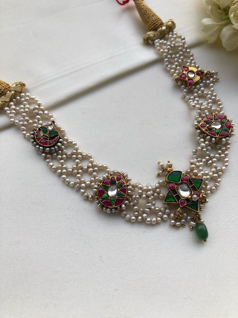 Moti patti necklace with kundan motifs-Silver Neckpiece-PL-House of Taamara