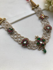 Moti patti necklace with kundan motifs-Silver Neckpiece-PL-House of Taamara