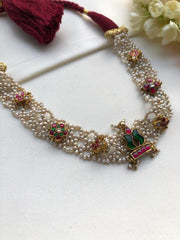 Moti patti necklace with kundan motifs-Silver Neckpiece-PL-House of Taamara