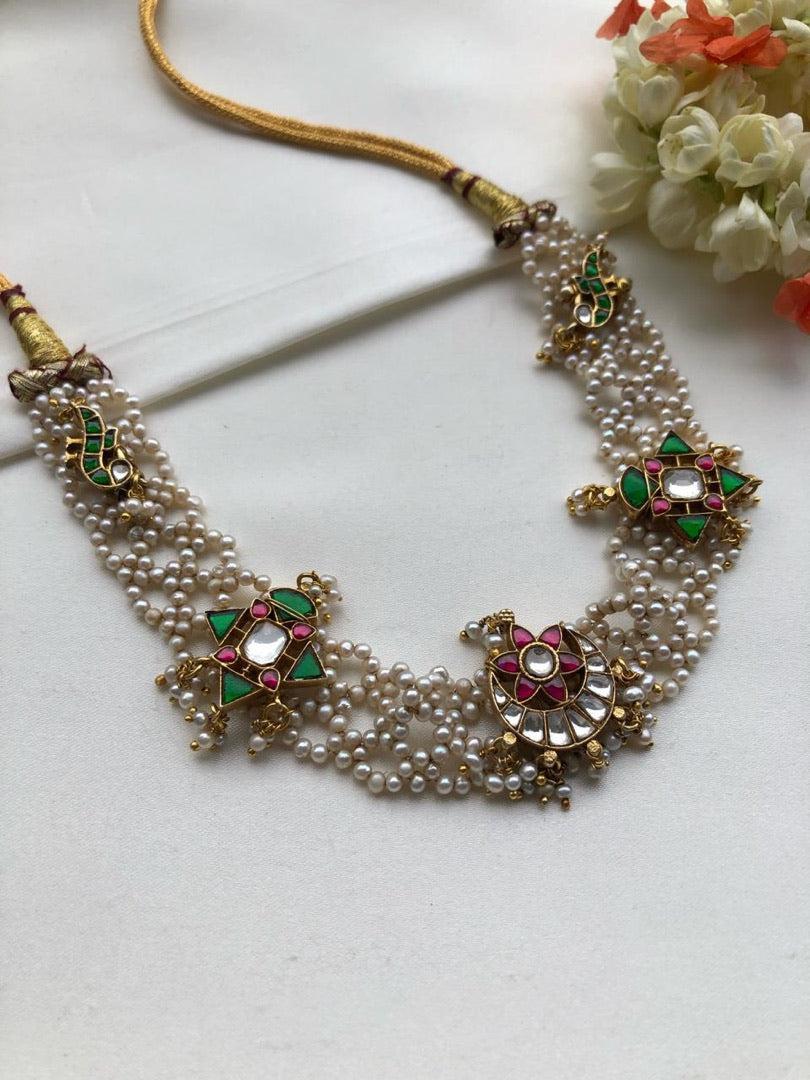 Moti patti necklace with kundan motifs-Silver Neckpiece-PL-House of Taamara