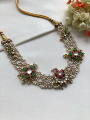 Moti patti necklace with kundan motifs-Silver Neckpiece-PL-House of Taamara