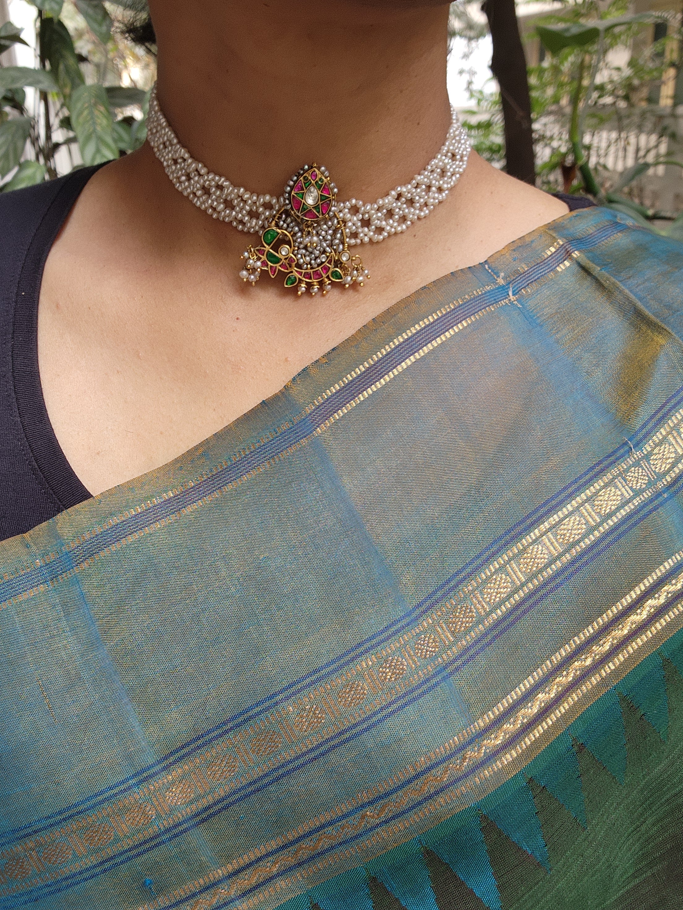 Moti patti necklace with kundan motifs-Silver Neckpiece-PL-House of Taamara
