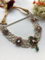 Moti patti necklace with kundan motifs-Silver Neckpiece-PL-House of Taamara