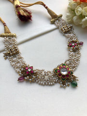 Moti patti necklace with kundan motifs-Silver Neckpiece-PL-House of Taamara