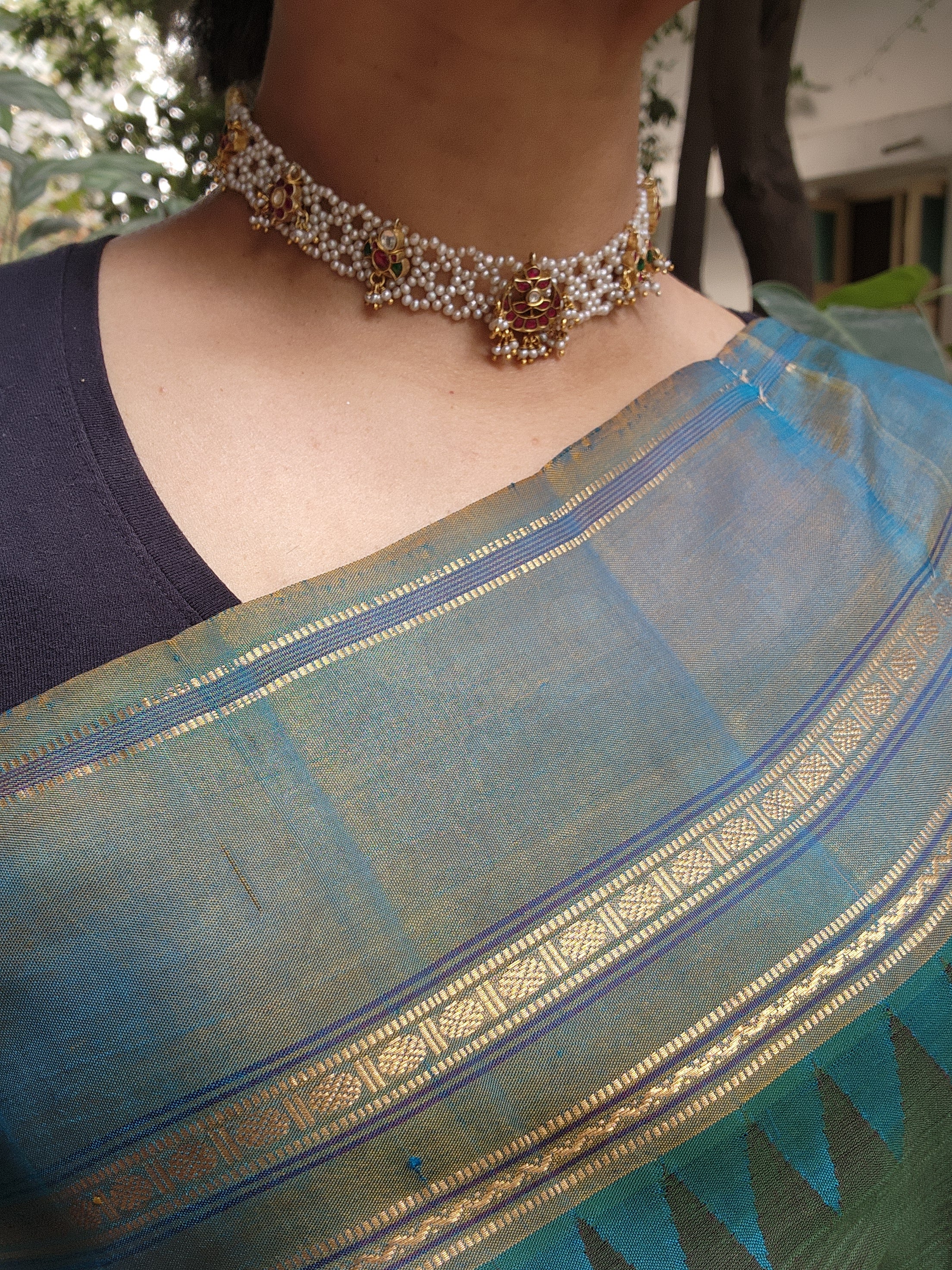 Moti patti necklace with kundan motifs-Silver Neckpiece-PL-House of Taamara
