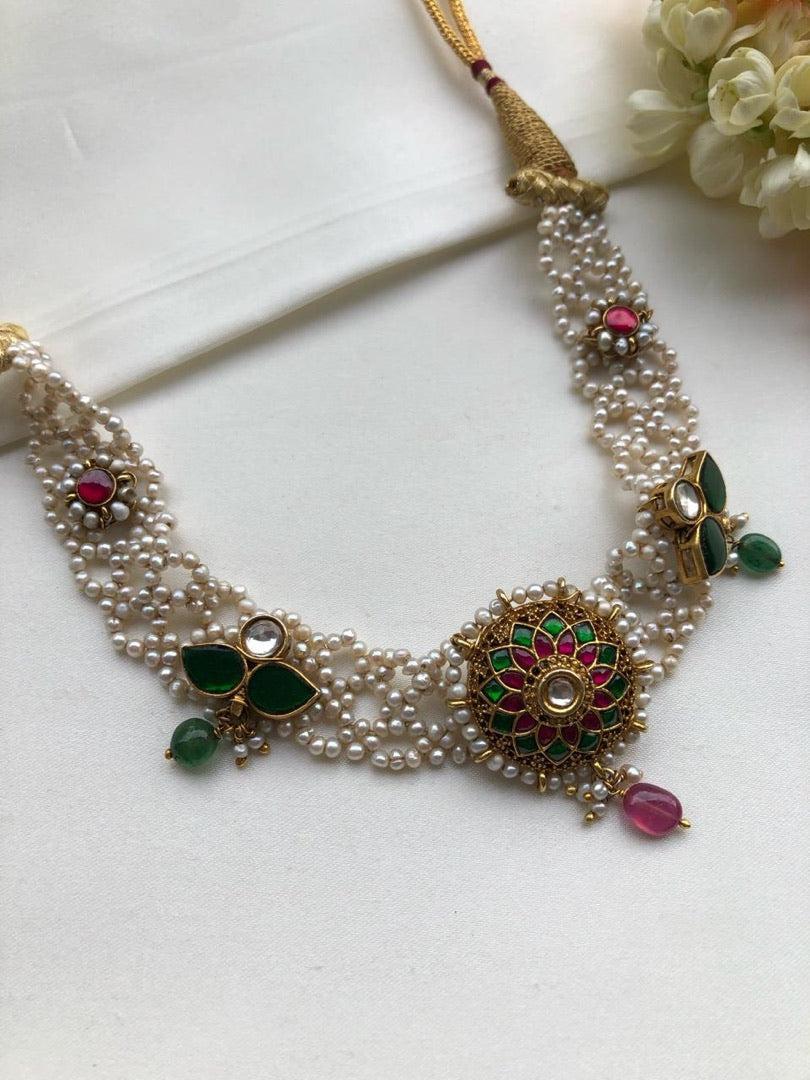 Moti patti necklace with kundan motifs-Silver Neckpiece-PL-House of Taamara