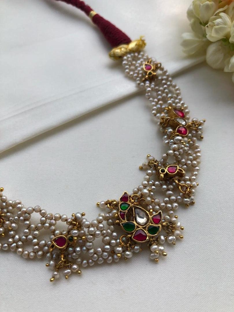 Moti patti necklace with kundan motifs-Silver Neckpiece-PL-House of Taamara
