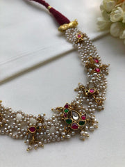 Moti patti necklace with kundan motifs-Silver Neckpiece-PL-House of Taamara