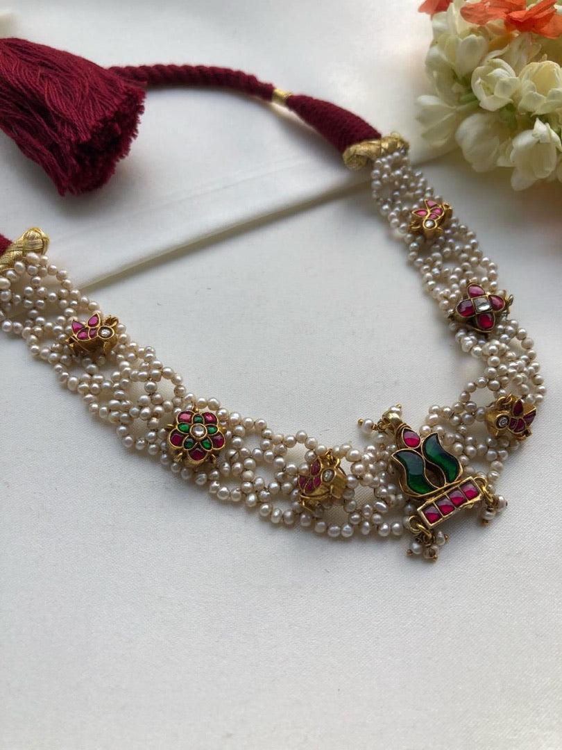 Moti patti necklace with kundan motifs-Silver Neckpiece-PL-House of Taamara
