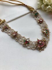 Moti patti necklace with kundan motifs-Silver Neckpiece-PL-House of Taamara