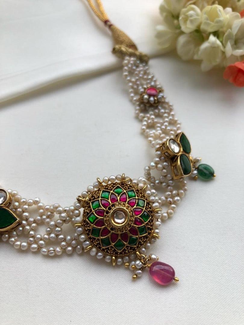 Moti patti necklace with kundan motifs-Silver Neckpiece-PL-House of Taamara