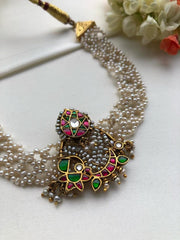 Moti patti necklace with kundan motifs-Silver Neckpiece-PL-House of Taamara