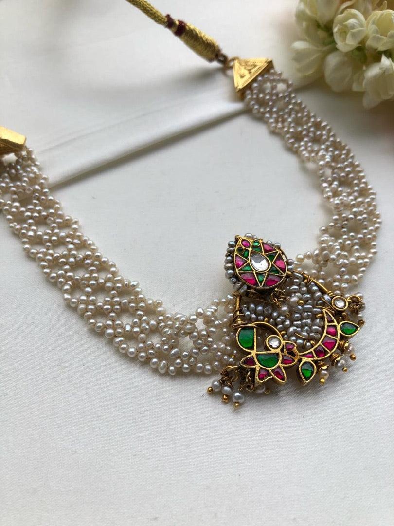 Moti patti necklace with kundan motifs-Silver Neckpiece-PL-House of Taamara