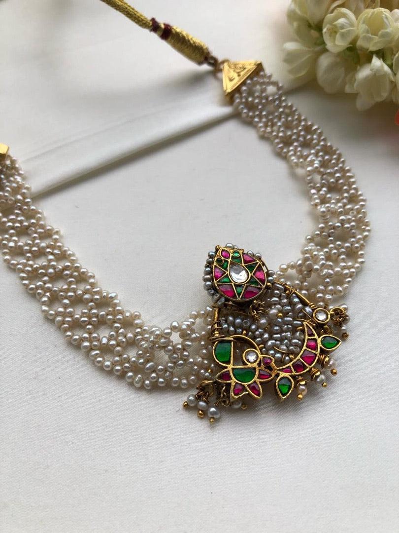 Moti patti necklace with kundan motifs-Silver Neckpiece-PL-House of Taamara