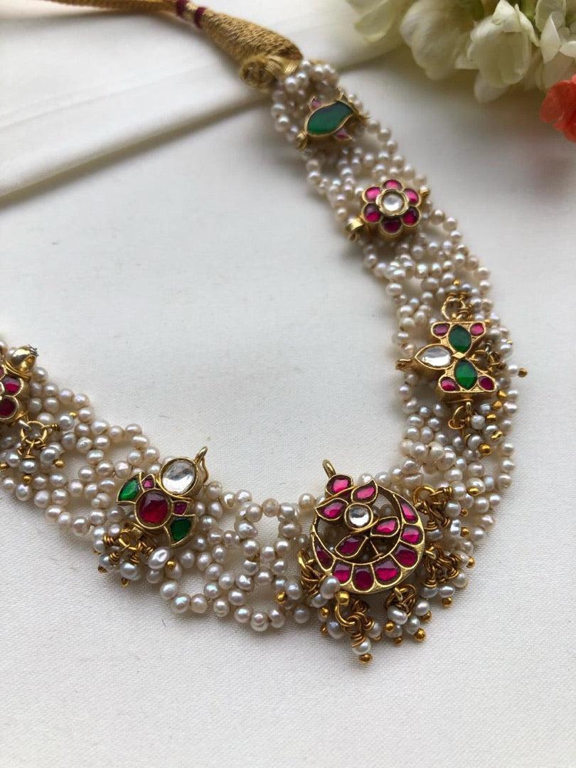 Moti patti necklace with kundan motifs-Silver Neckpiece-PL-House of Taamara