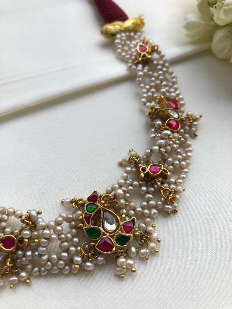 Moti patti necklace with kundan motifs-Silver Neckpiece-PL-House of Taamara