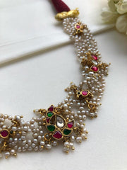 Moti patti necklace with kundan motifs-Silver Neckpiece-PL-House of Taamara