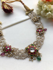 Moti patti necklace with kundan motifs-Silver Neckpiece-PL-House of Taamara
