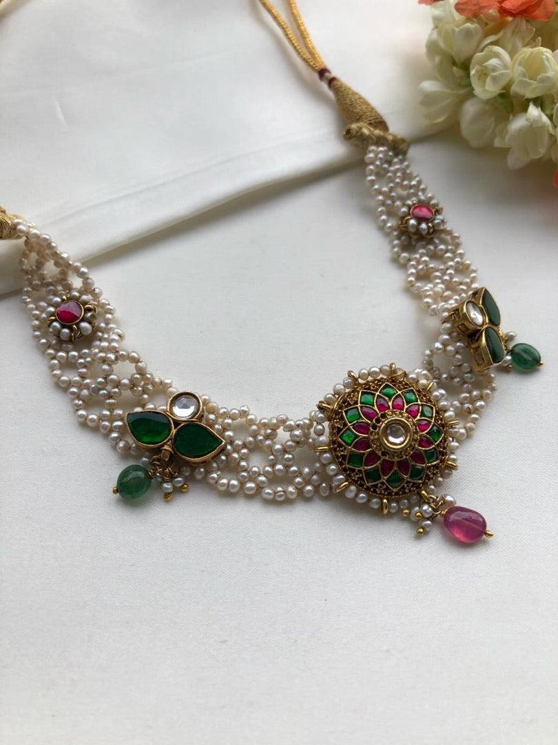 Moti patti necklace with kundan motifs-Silver Neckpiece-PL-House of Taamara