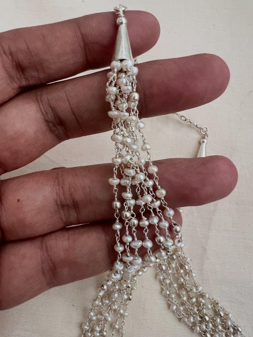 Multi layer pearls bunch chain-Silver Neckpiece-CI-House of Taamara