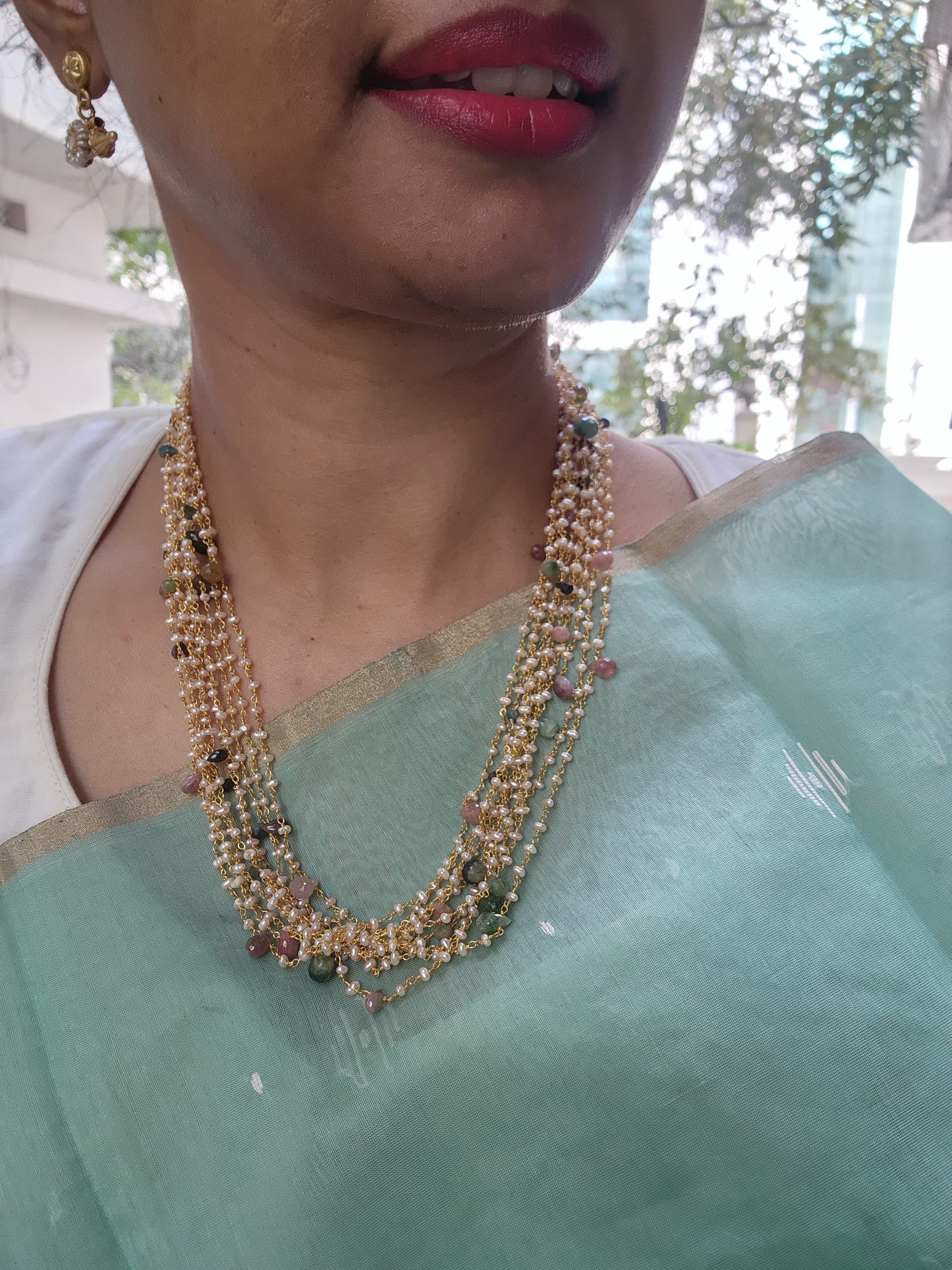 Multi tourmalines with pearl bunch mala-Silver Neckpiece-PL-House of Taamara