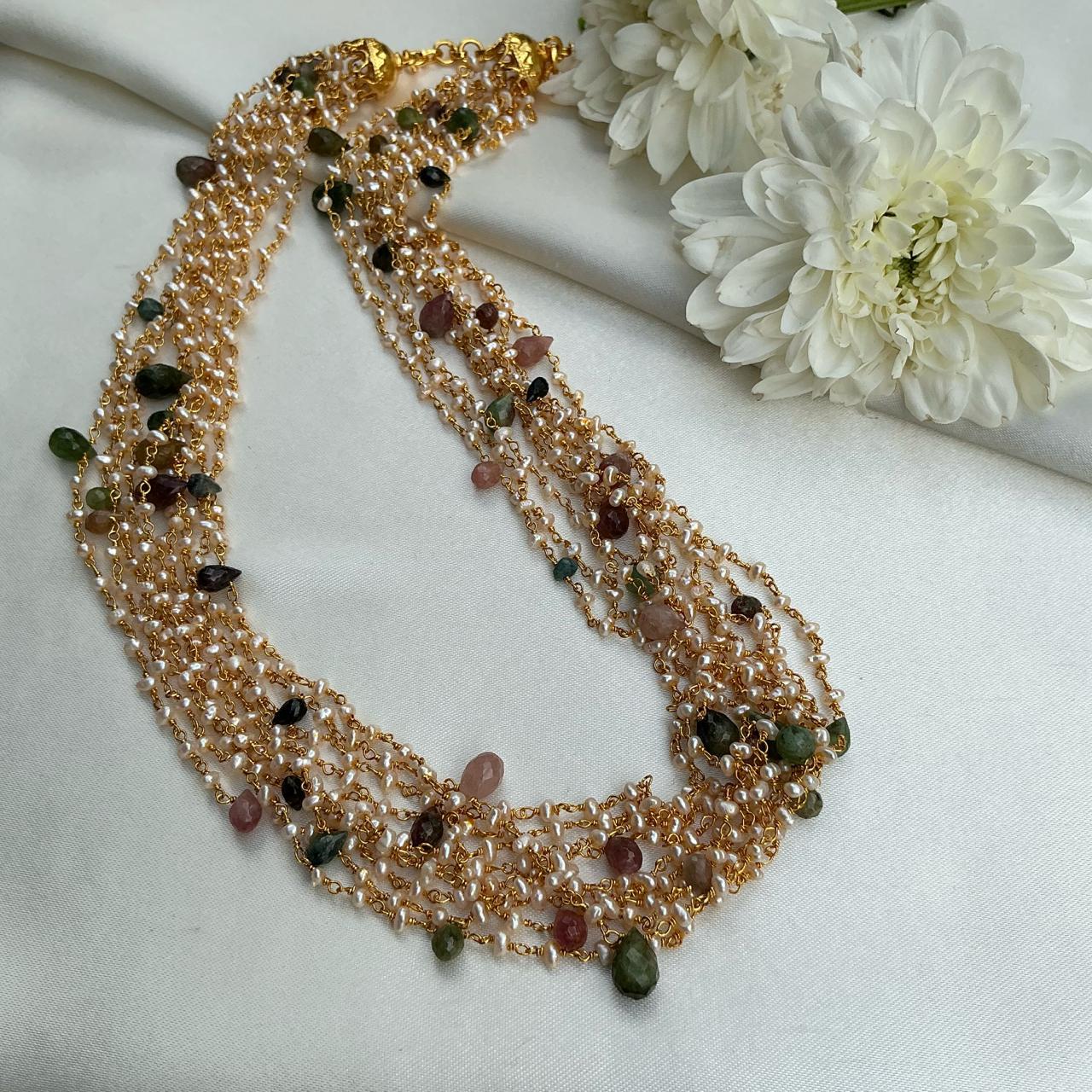 Multi tourmalines with pearl bunch mala-Silver Neckpiece-PL-House of Taamara