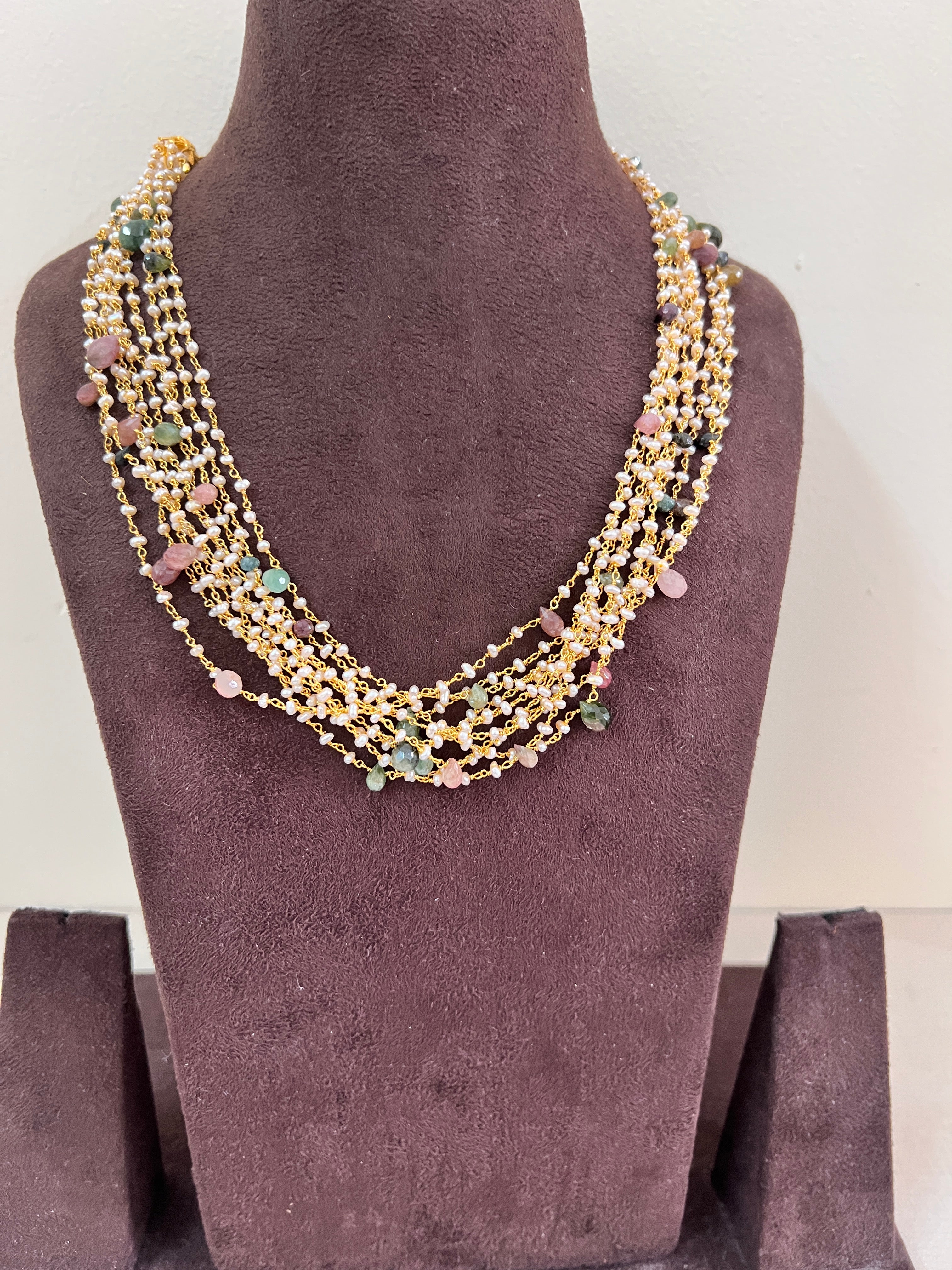 Multi tourmalines with pearl bunch mala-Silver Neckpiece-PL-House of Taamara