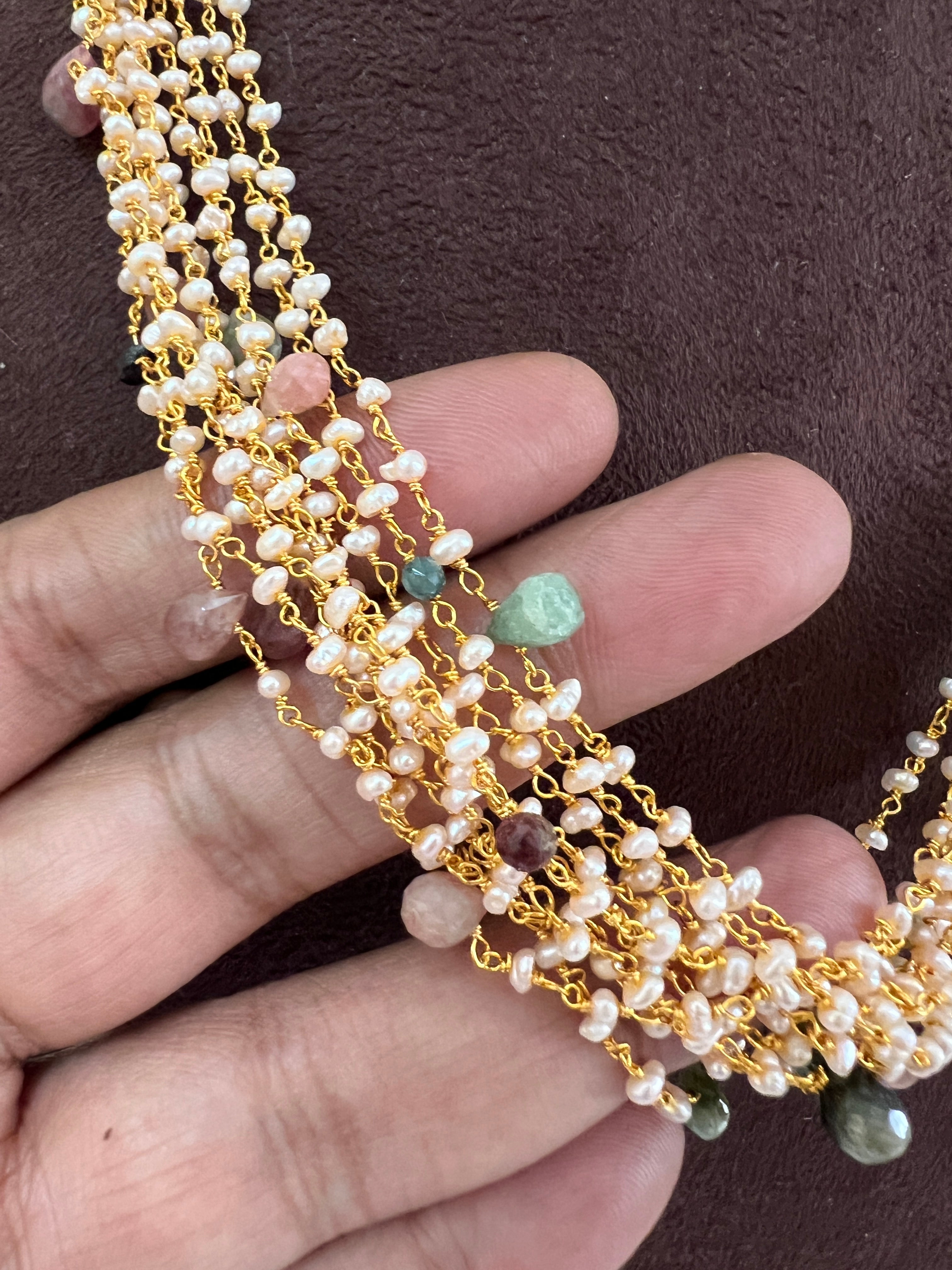 Multi tourmalines with pearl bunch mala-Silver Neckpiece-PL-House of Taamara