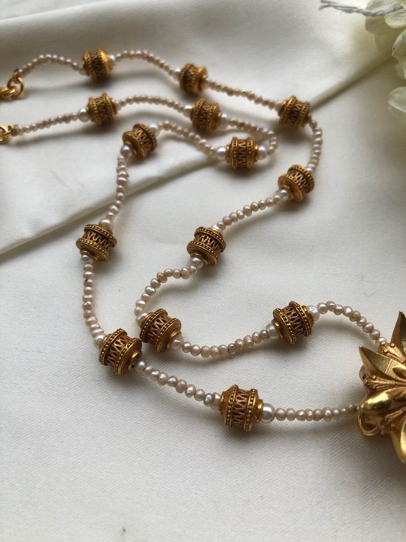 Antique style flower jhumka pendant with pearls chain