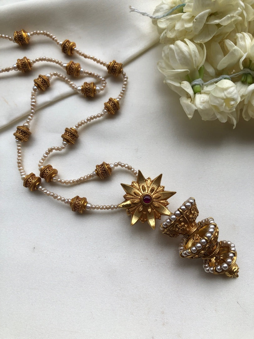 Antique style flower jhumka pendant with pearls chain