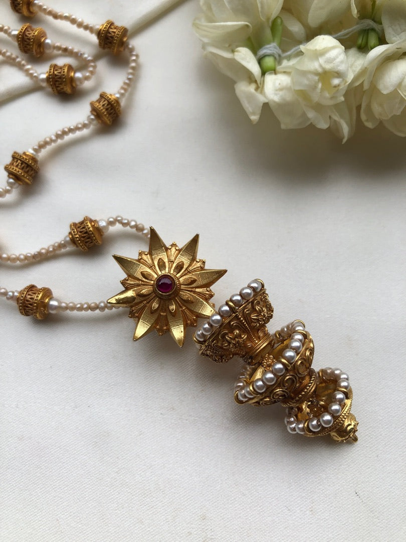 Antique style flower jhumka pendant with pearls chain