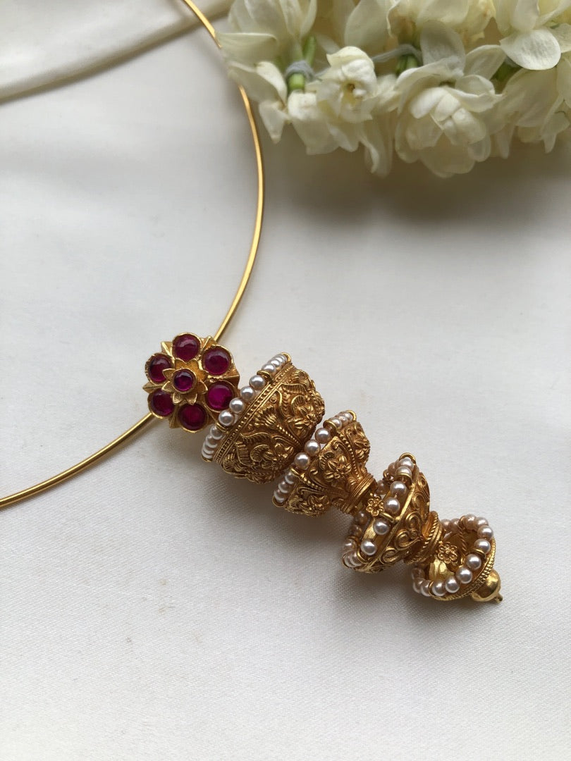 Antique style thodu flower with jhumka pendant and hasli
