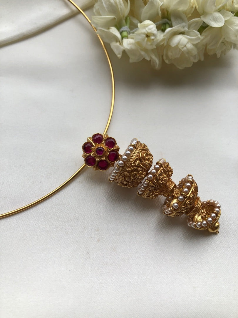 Antique style thodu flower with jhumka pendant and hasli
