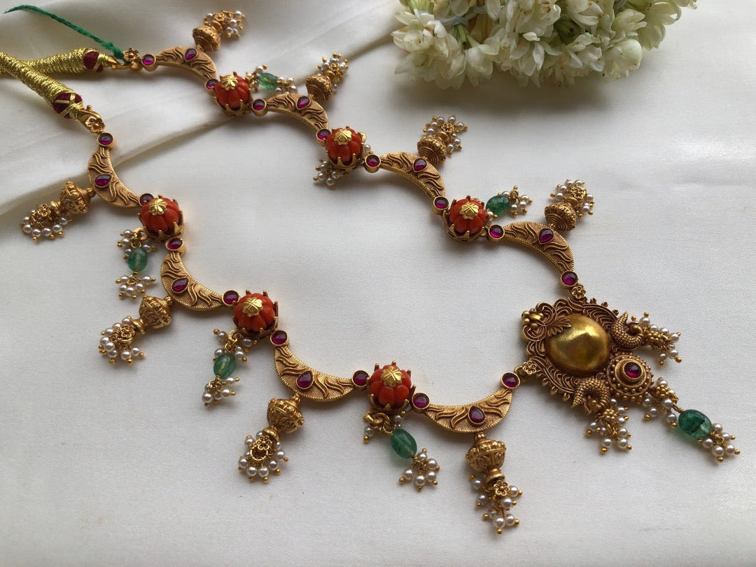 Antique polish necklace with coral and pearls bunch