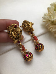 Nakash earrings with coral & kundan ruby bead drop-Earrings-PL-House of Taamara