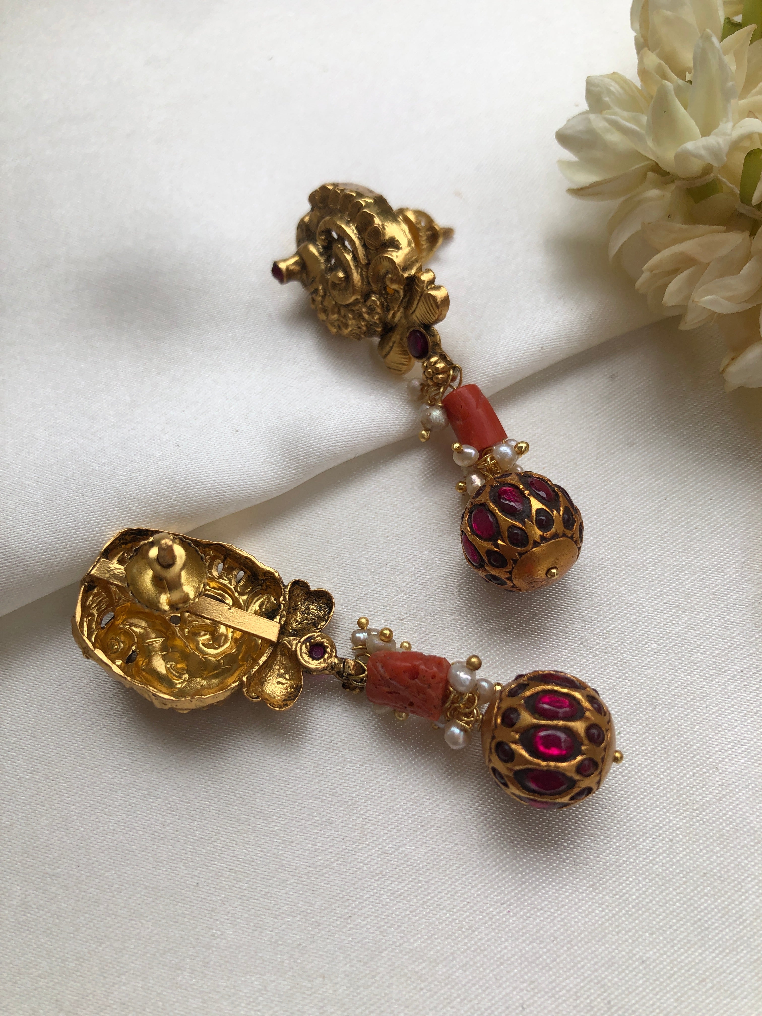 Nakash earrings with coral & kundan ruby bead drop-Earrings-PL-House of Taamara