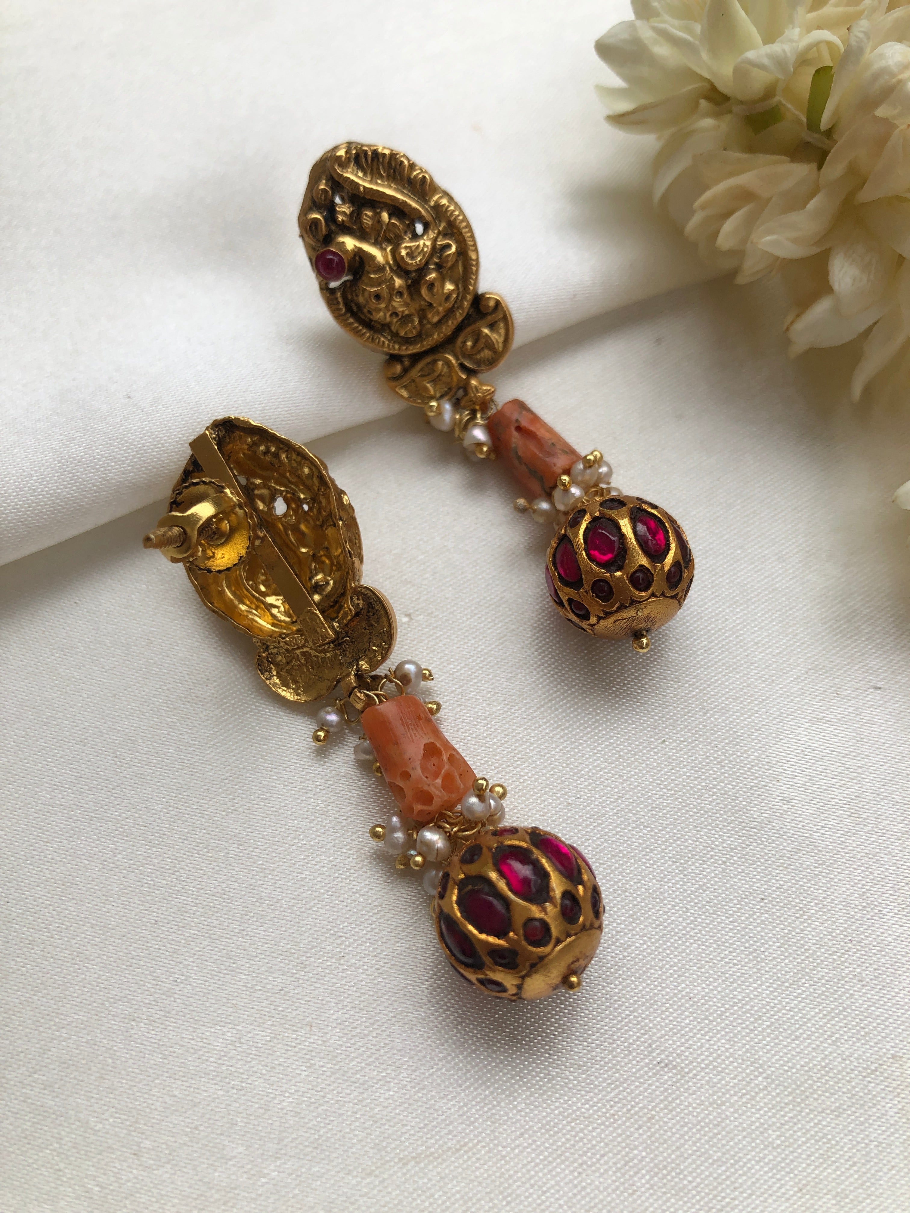 Nakash earrings with coral & kundan ruby bead drop-Earrings-PL-House of Taamara