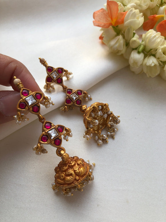 Nakash jhumkas with kundan, ruby & pearls-Earrings-PL-House of Taamara