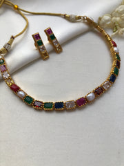 Navaratan necklace set-Silver Neckpiece-PL-House of Taamara
