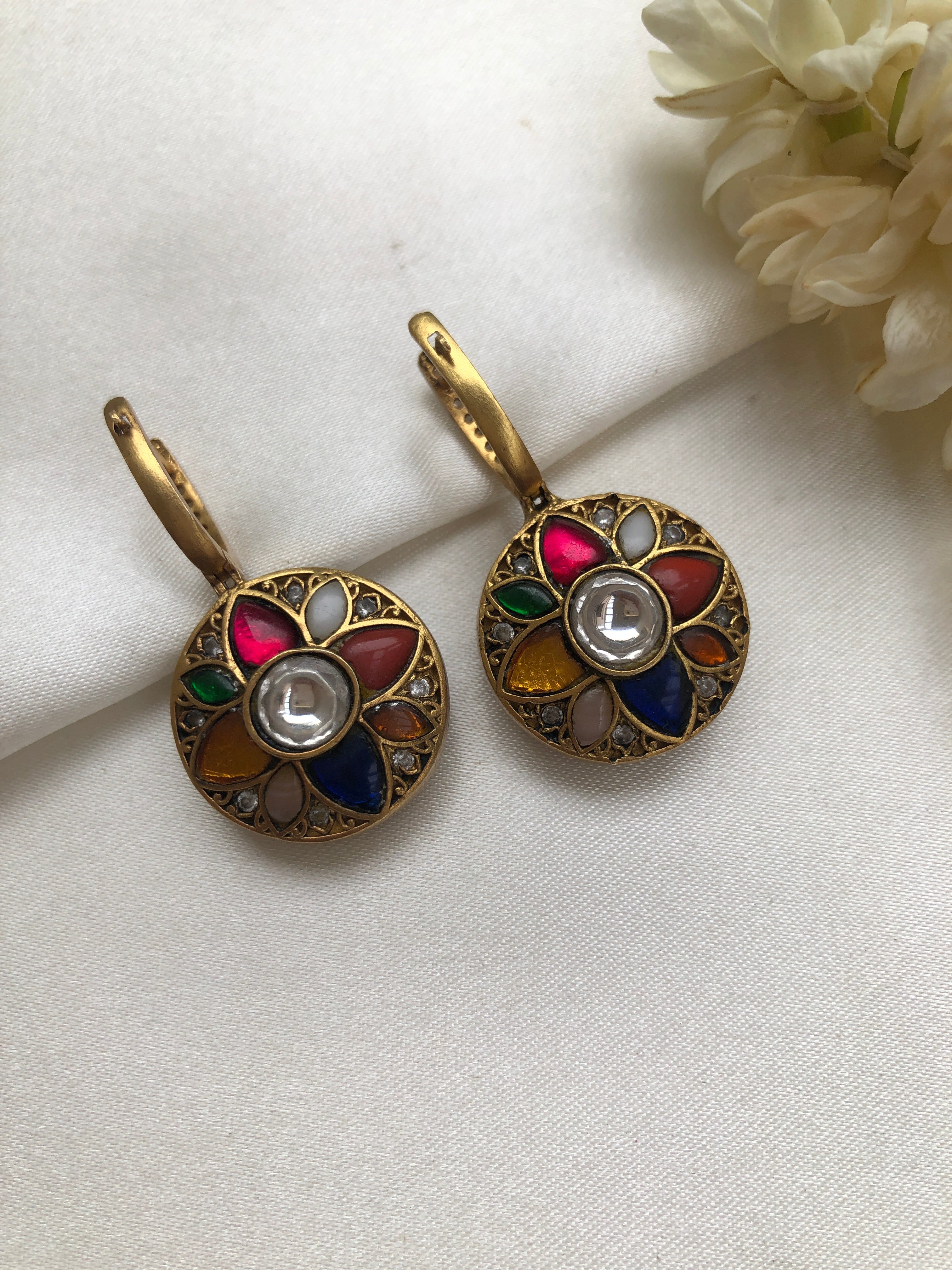Navaratan & ruby kundan reversible earrings-Earrings-PL-House of Taamara