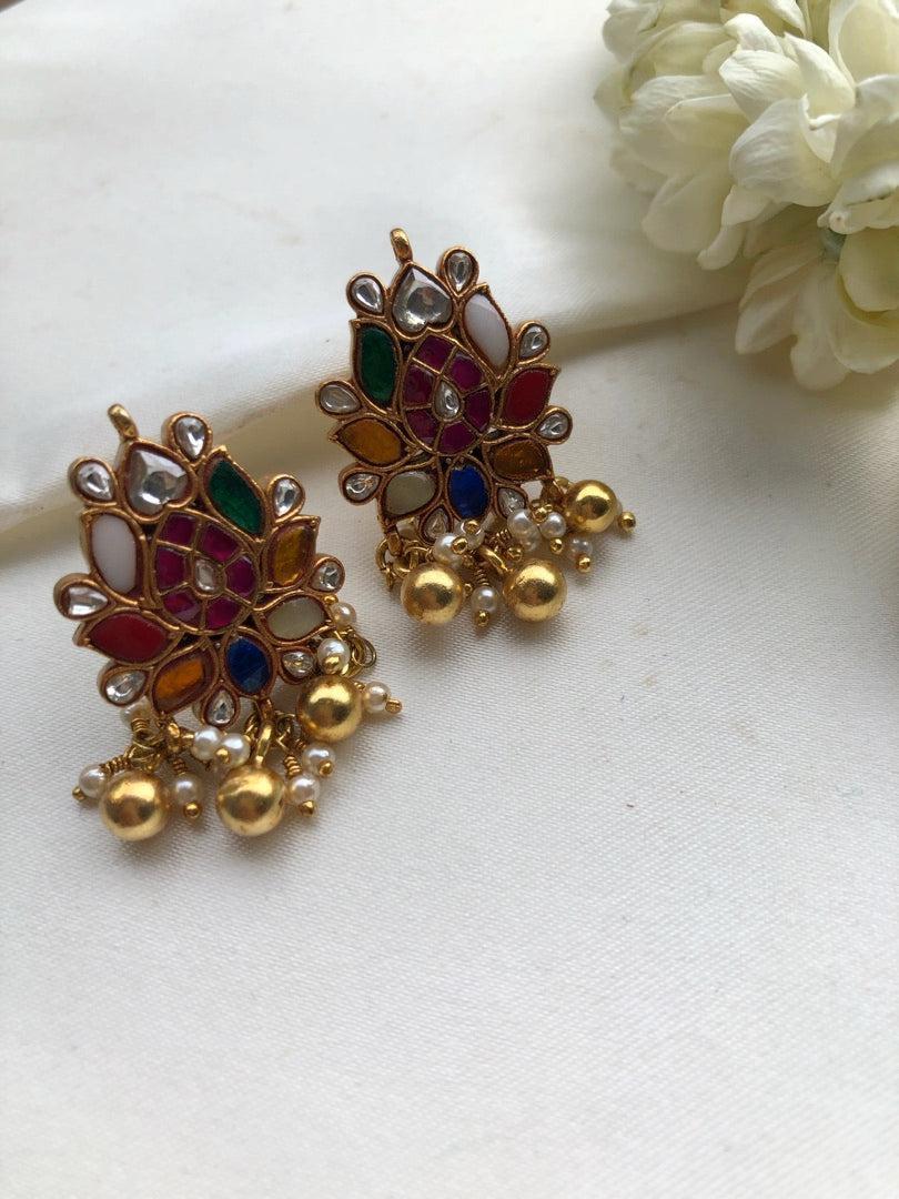 Navaratan studs with pearls bunch-Earrings-PL-House of Taamara