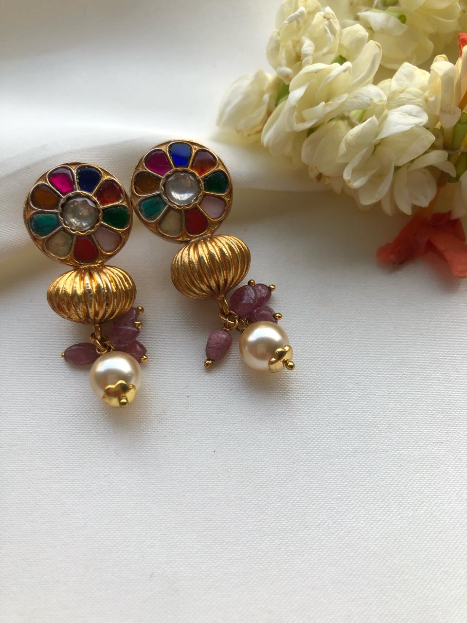 Navaratn round with gundu and pearl drop-Earrings-PL-House of Taamara